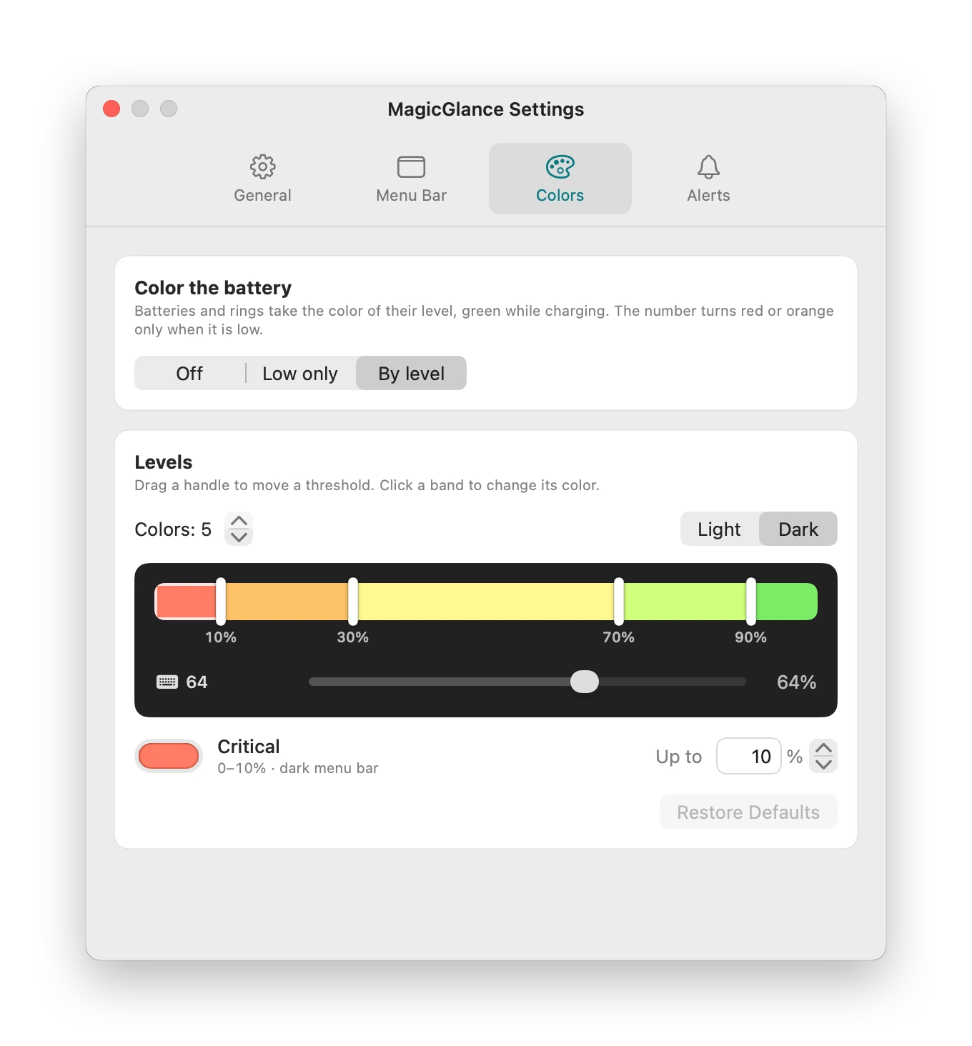 Colors settings: Off, Low only or By level, and a bar split into five colored bands with draggable thresholds at 10, 30, 70 and 90 percent