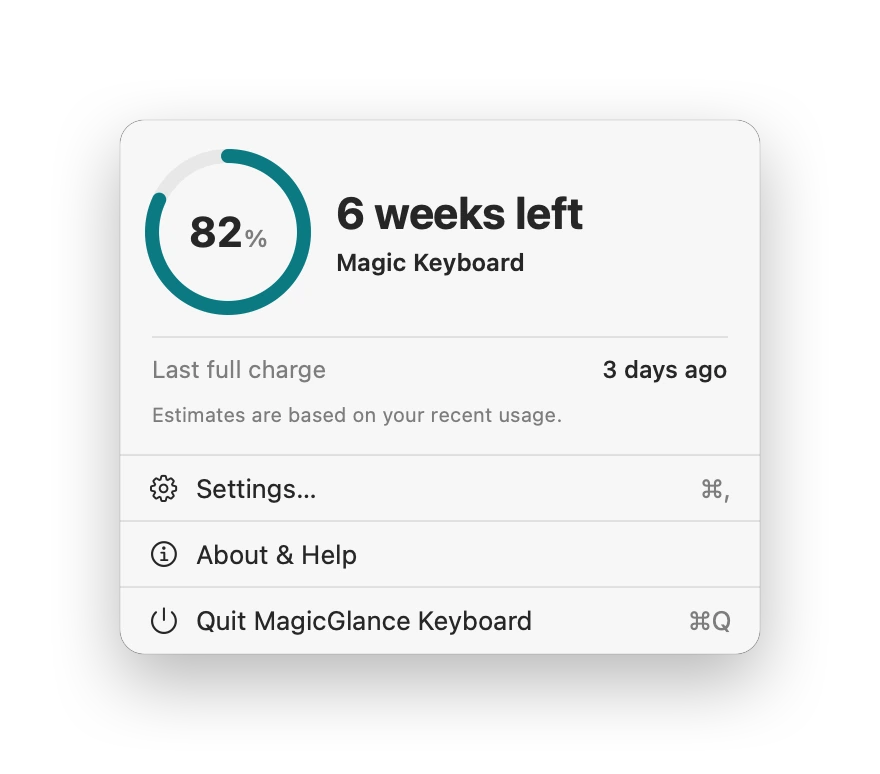 The MagicGlance Keyboard menu: Magic Keyboard at 82%, 6 weeks left