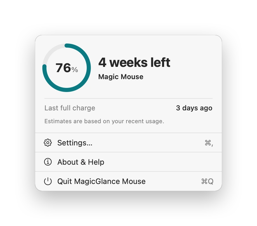 The MagicGlance Mouse menu: Magic Mouse at 76%, 4 weeks left, last full charge 3 days ago