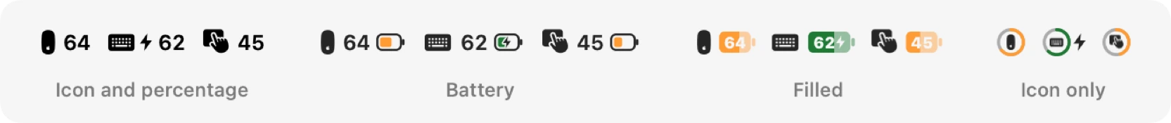 The menu bar styles: Icon and percentage, Battery, Filled and Icon only, each with the mouse at 64%, the keyboard charging at 62% and the trackpad at 45%