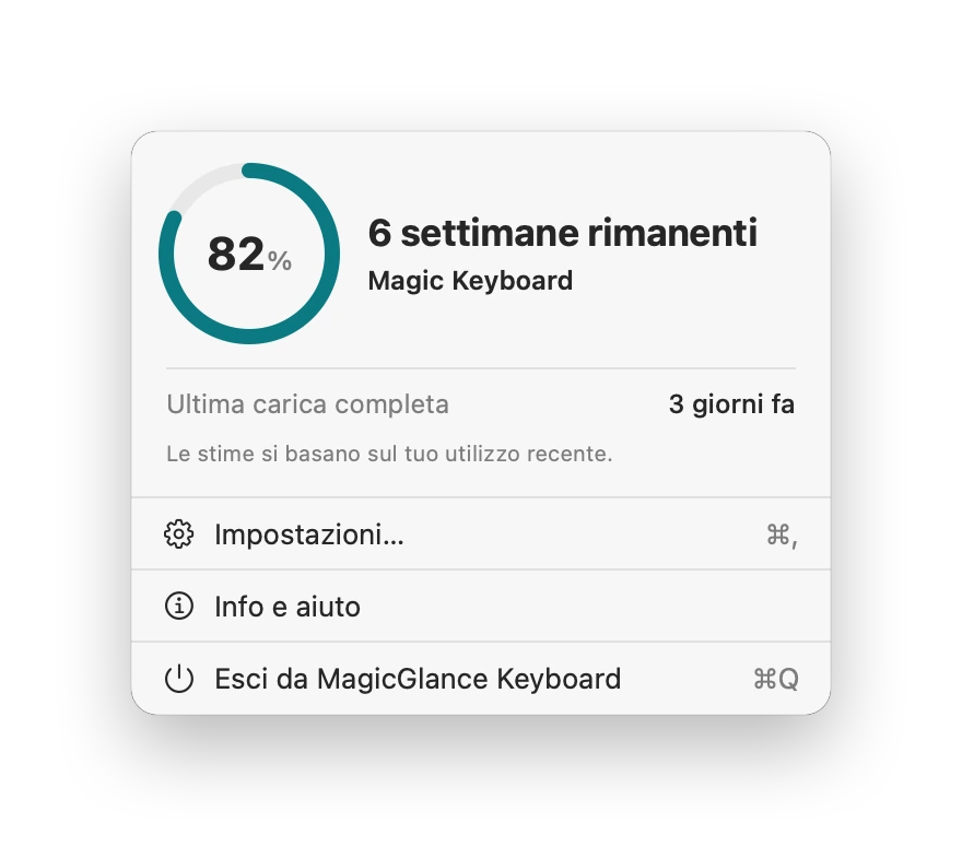 Il menu di MagicGlance Keyboard: Magic Keyboard all’82%, 6 settimane rimanenti