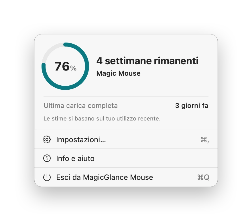 Il menu di MagicGlance Mouse: Magic Mouse al 76%, 4 settimane rimanenti, ultima carica completa 3 giorni fa