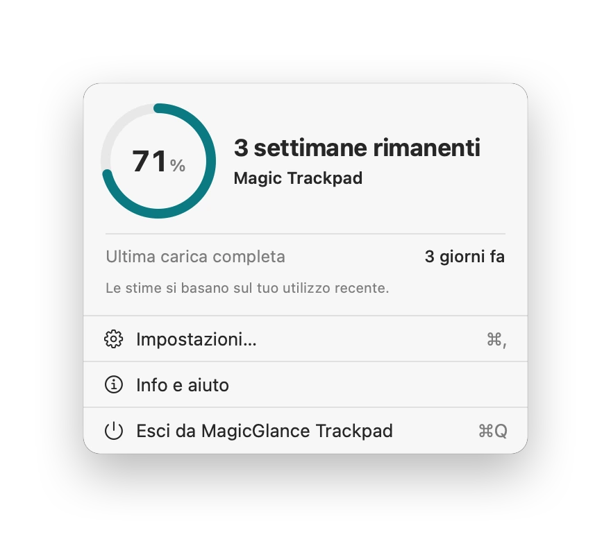 Il menu di MagicGlance Trackpad: Magic Trackpad al 71%, 3 settimane rimanenti